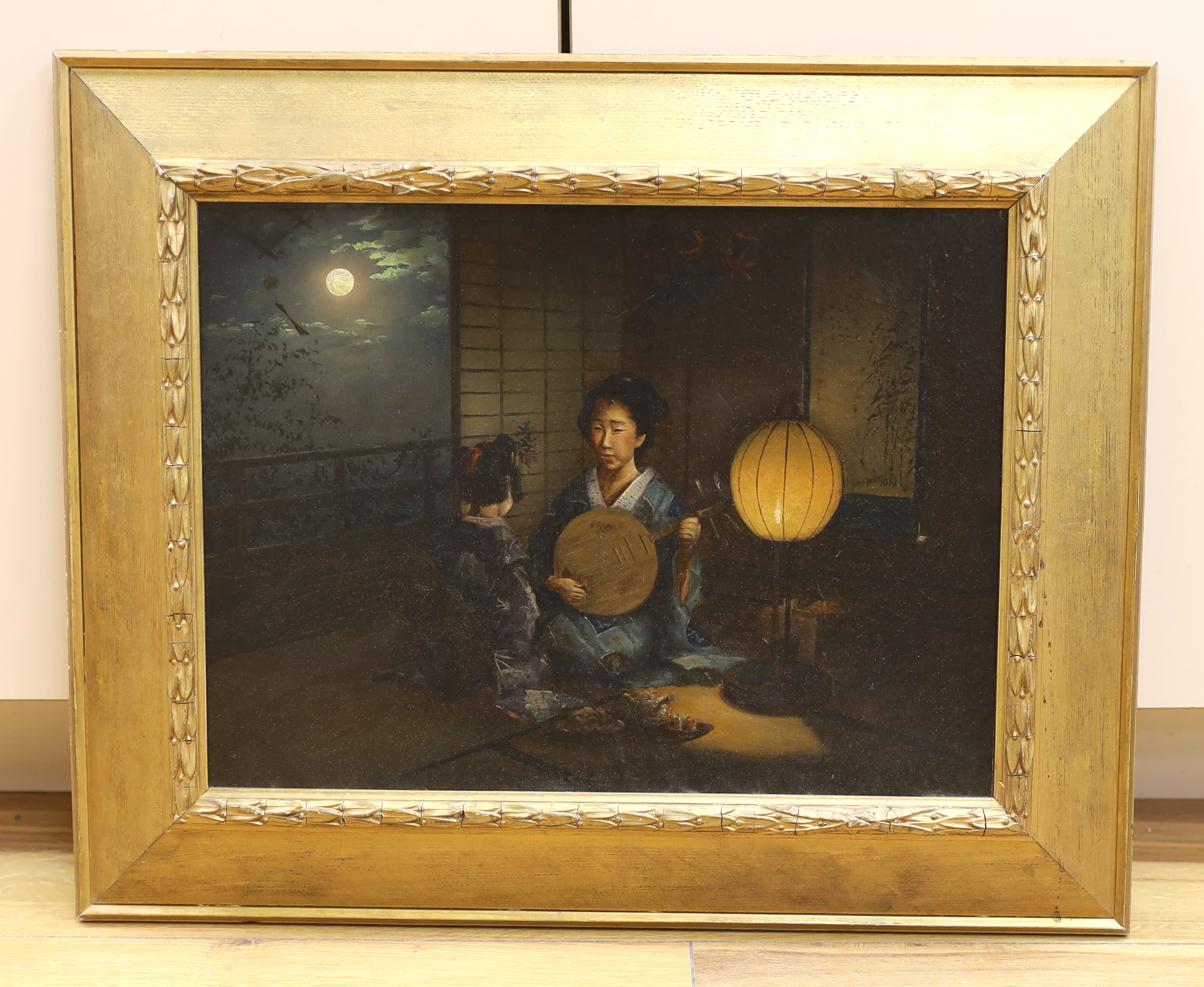 19th century English School, oil on canvas, Japanese interior with women, one playing a Biwa, pencil inscription verso, 
